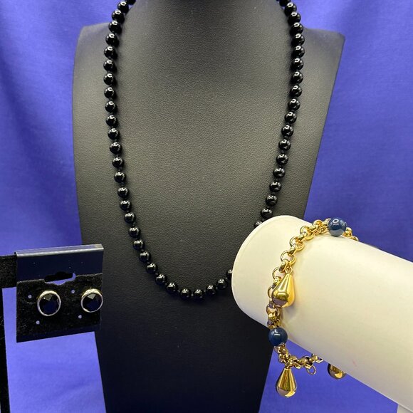 Monet Trio:  VTG Black Glass Bead Necklace; Charm Bracelet & Earrings - Picture 1 of 16